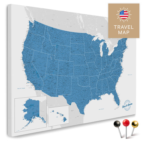 USA Amerika Karte in Blau mit sehr hohem Detailgrad als Pinnwand Leinwand zum Pinnen und Markieren von Reisezielen kaufen