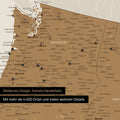 Ausschnitt einer USA Amerika Karte als Pinn-Leinwand in Bronze zeigt Reiseziele und Highlights in Washington, Oregon und Idaho