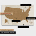 Vielfältige Konfigurationsmöglichkeiten einer USA Amerika Landkarte als Pinn-Leinwand in Farbe Bronze