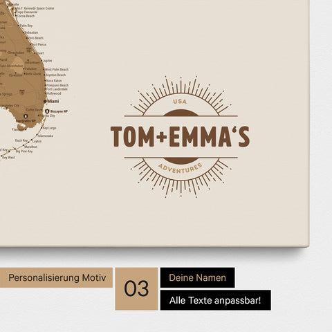 Pinnwand Leinwand einer USA Amerika Karte in Bronze mit eingedrucktem Logo „United States"