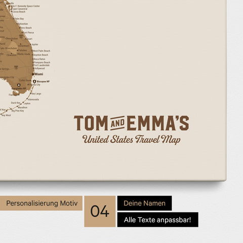 Detaillierte USA Amerika Karte als Pinn-Leinwand in Bronze mit Personalisierung als Logo für die gesamte Familie