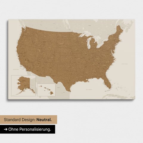 Neutrale und schlichte Ausführung einer USA Amerika Karte als Pinn-Leinwand in Bronze