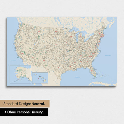 Neutrale und schlichte Ausführung einer USA Amerika Karte als Pinn-Leinwand in Mulitcolor Classic