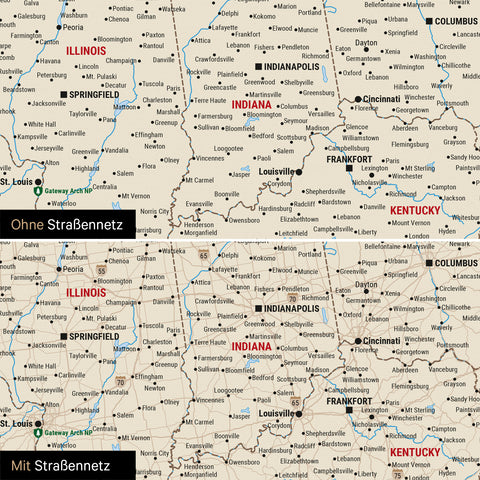 USA Amerika Karte Pinn-Leinwand in Mulitcolor Classic optional mit dem Straßennetz der größten Highways und Interstates