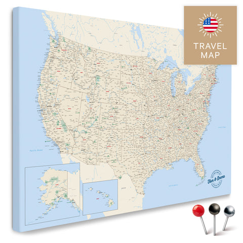 USA Amerika Karte in Mulitcolor Classic mit sehr hohem Detailgrad als Pinnwand Leinwand zum Pinnen und Markieren von Reisezielen kaufen