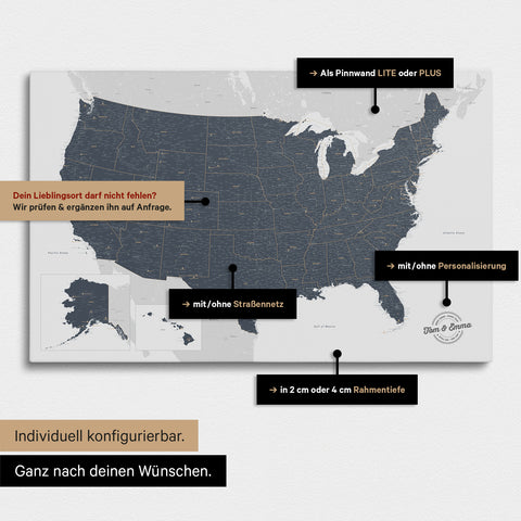 Vielfältige Konfigurationsmöglichkeiten einer USA Amerika Landkarte als Pinn-Leinwand in Farbe Denim Blue