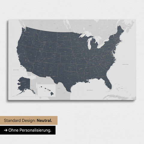Neutrale und schlichte Ausführung einer USA Amerika Karte als Pinn-Leinwand in Denim Blue