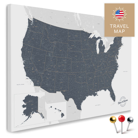 USA Amerika Karte in Denim Blue mit sehr hohem Detailgrad als Pinnwand Leinwand zum Pinnen und Markieren von Reisezielen kaufen