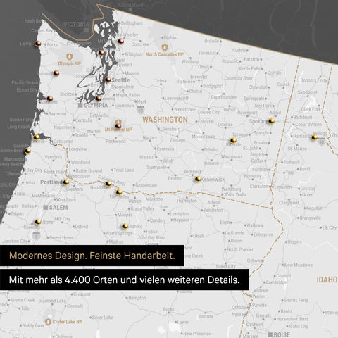 Ausschnitt einer USA Amerika Karte als Pinn-Leinwand in Dunkelgrau zeigt Reiseziele und Highlights in Washington, Oregon und Idaho