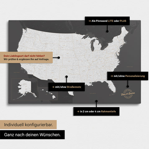 Vielfältige Konfigurationsmöglichkeiten einer USA Amerika Landkarte als Pinn-Leinwand in Farbe Dunkelgrau