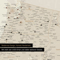 Ausschnitt einer USA Amerika Karte als Pinn-Leinwand in Gold zeigt Reiseziele und Highlights in Washington, Oregon und Idaho