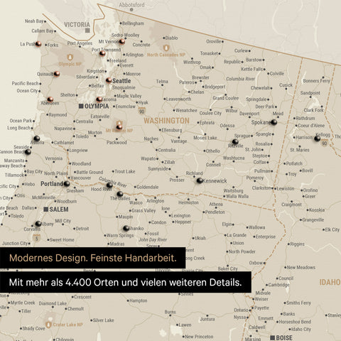 Ausschnitt einer USA Amerika Karte als Pinn-Leinwand in Gold zeigt Reiseziele und Highlights in Washington, Oregon und Idaho