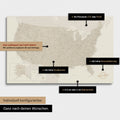 Vielfältige Konfigurationsmöglichkeiten einer USA Amerika Landkarte als Pinn-Leinwand in Farbe Gold