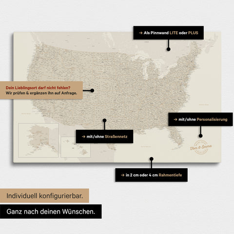 Vielfältige Konfigurationsmöglichkeiten einer USA Amerika Landkarte als Pinn-Leinwand in Farbe Gold