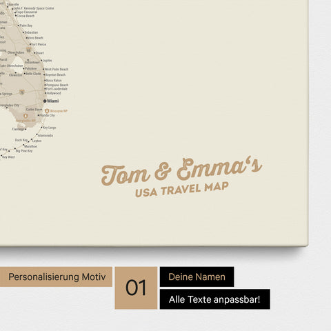 USA Amerika Karte mit hohem Detailgrad als Pinnwand Leinwand in Gold mit Personalisierung und Eindruck mit deinem Namen