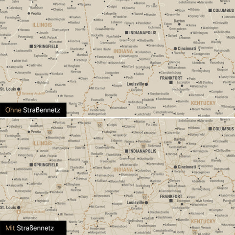 USA Amerika Karte Pinn-Leinwand in Gold optional mit dem Straßennetz der größten Highways und Interstates