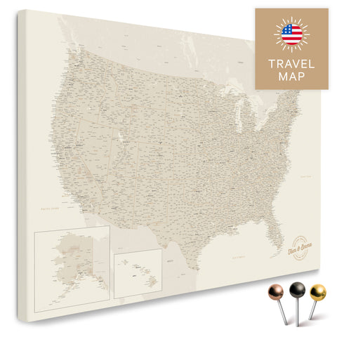 USA Amerika Karte in Gold mit sehr hohem Detailgrad als Pinnwand Leinwand zum Pinnen und Markieren von Reisezielen kaufen