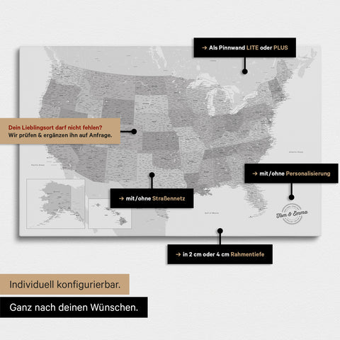 Vielfältige Konfigurationsmöglichkeiten einer USA Amerika Landkarte als Pinn-Leinwand in Farbe Multicolor Grau