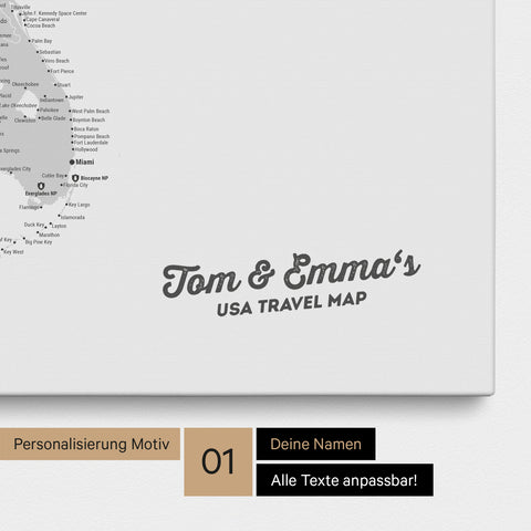 USA Amerika Karte mit hohem Detailgrad als Pinnwand Leinwand in Multicolor Grau mit Personalisierung und Eindruck mit deinem Namen