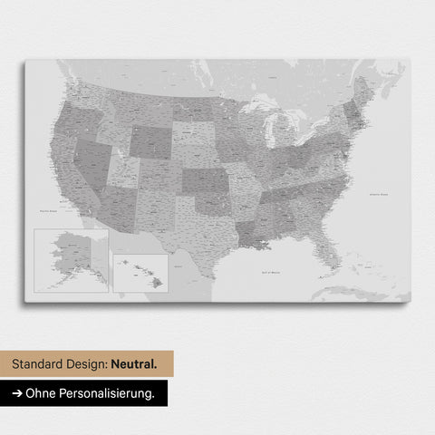 Neutrale und schlichte Ausführung einer USA Amerika Karte als Pinn-Leinwand in Multicolor Grau