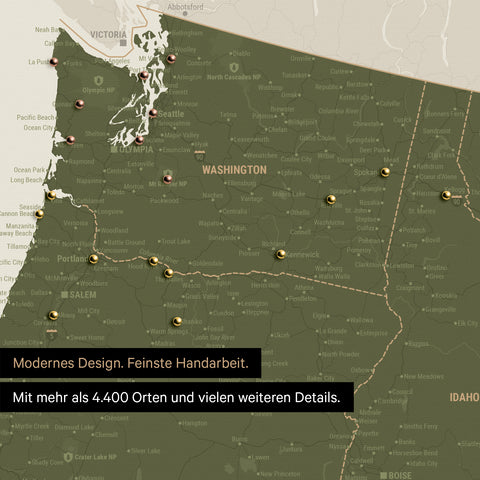 Ausschnitt einer USA Amerika Karte als Pinn-Leinwand in Olive Green zeigt Reiseziele und Highlights in Washington, Oregon und Idaho
