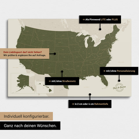 Vielfältige Konfigurationsmöglichkeiten einer USA Amerika Landkarte als Pinn-Leinwand in Farbe Olive Green