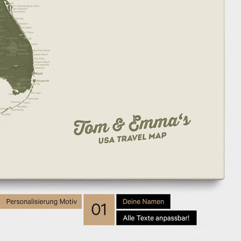 USA Amerika Karte mit hohem Detailgrad als Pinnwand Leinwand in Olive Green mit Personalisierung und Eindruck mit deinem Namen