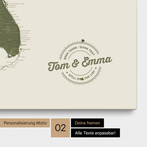 Personalisierte USA Amerika Karte als Leinwand in Olive Green mit eingedruckten Namen und einer Legende zur Markierung von besuchten Orten