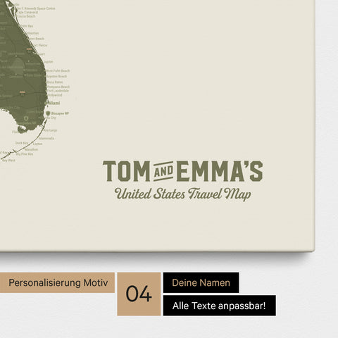 Detaillierte USA Amerika Karte als Pinn-Leinwand in Olive Green mit Personalisierung als Logo für die gesamte Familie