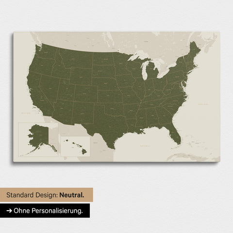 Neutrale und schlichte Ausführung einer USA Amerika Karte als Pinn-Leinwand in Olive Green