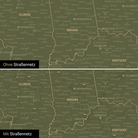 USA Amerika Karte Pinn-Leinwand in Olive Green optional mit dem Straßennetz der größten Highways und Interstates