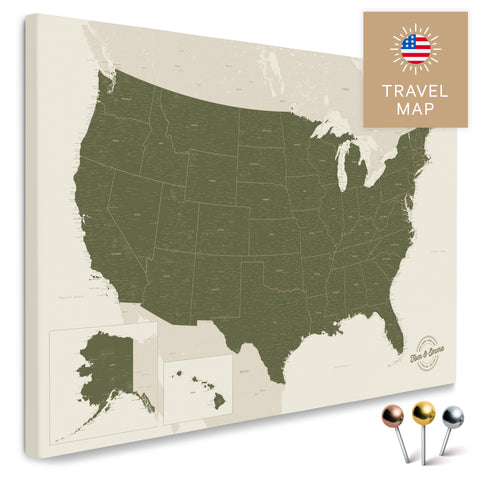 USA Amerika Karte in Olive Green mit sehr hohem Detailgrad als Pinnwand Leinwand zum Pinnen und Markieren von Reisezielen kaufen
