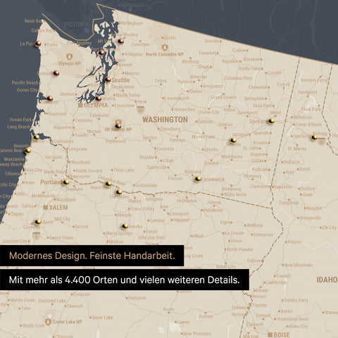 Ausschnitt einer USA Amerika Karte als Pinn-Leinwand in Hale Navy (Dunkelblau Gold) zeigt Reiseziele und Highlights in Washington, Oregon und Idaho