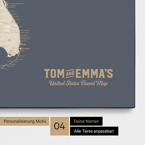 Detaillierte USA Amerika Karte als Pinn-Leinwand in Hale Navy (Dunkelblau Gold) mit Personalisierung als Logo für die gesamte Familie