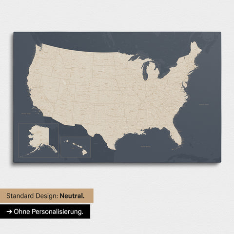 Neutrale und schlichte Ausführung einer USA Amerika Karte als Pinn-Leinwand in Hale Navy (Dunkelblau Gold)
