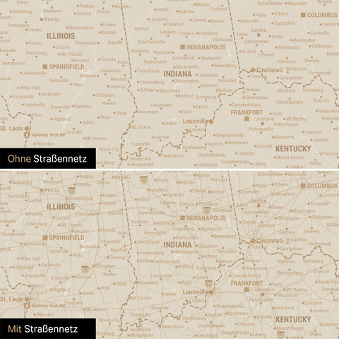 USA Amerika Karte Pinn-Leinwand in Hale Navy (Dunkelblau Gold) optional mit dem Straßennetz der größten Highways und Interstates