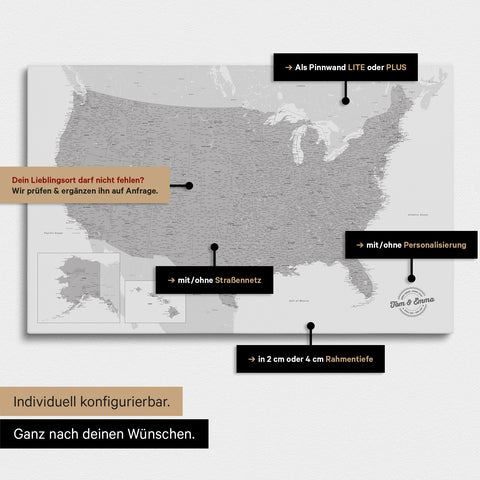 Vielfältige Konfigurationsmöglichkeiten einer USA Amerika Landkarte als Pinn-Leinwand in Farbe Hellgrau