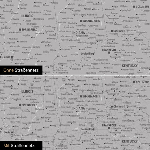 USA Amerika Karte Pinn-Leinwand in Hellgrau optional mit dem Straßennetz der größten Highways und Interstates