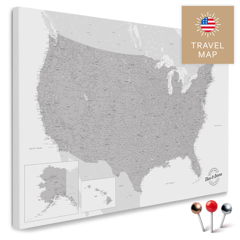 USA Amerika Karte in Hellgrau mit sehr hohem Detailgrad als Pinnwand Leinwand zum Pinnen und Markieren von Reisezielen kaufen
