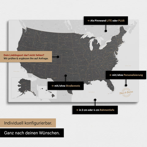 Vielfältige Konfigurationsmöglichkeiten einer USA Amerika Landkarte als Pinn-Leinwand in Farbe Light Gray