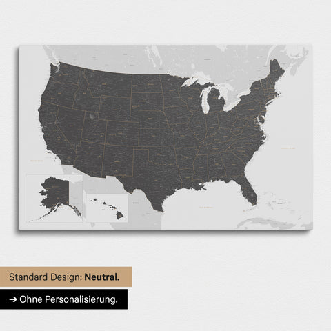 Neutrale und schlichte Ausführung einer USA Amerika Karte als Pinn-Leinwand in Light Gray