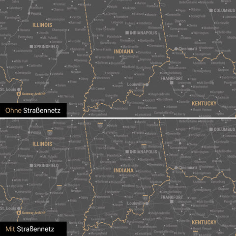 USA Amerika Karte Pinn-Leinwand in Light Gray optional mit dem Straßennetz der größten Highways und Interstates