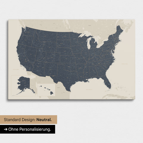 Neutrale und schlichte Ausführung einer USA Amerika Karte als Pinn-Leinwand in Navy Light