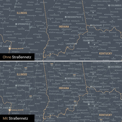 USA Amerika Karte Pinn-Leinwand in Navy Light optional mit dem Straßennetz der größten Highways und Interstates