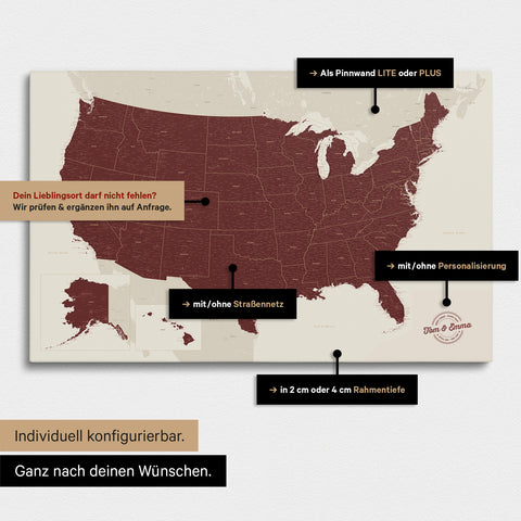 Vielfältige Konfigurationsmöglichkeiten einer USA Amerika Landkarte als Pinn-Leinwand in Farbe Bordeaux Rot