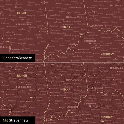 USA Amerika Karte Pinn-Leinwand in Bordeaux Rot optional mit dem Straßennetz der größten Highways und Interstates
