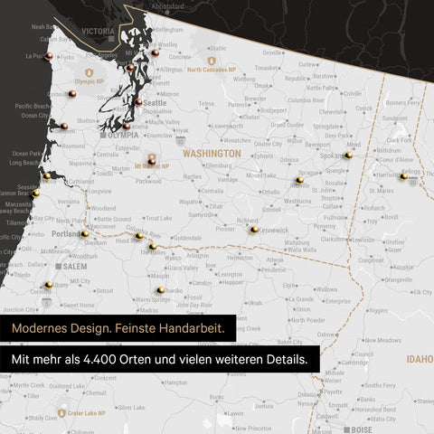 Ausschnitt einer USA Amerika Karte als Pinn-Leinwand in Schwarz-Weiß zeigt Reiseziele und Highlights in Washington, Oregon und Idaho