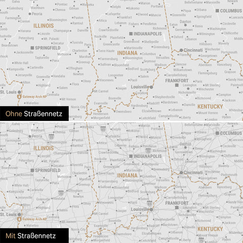 USA Amerika Karte Pinn-Leinwand in Schwarz-Weiß optional mit dem Straßennetz der größten Highways und Interstates