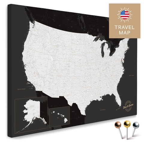 USA Amerika Karte in Schwarz-Weiss mit sehr hohem Detailgrad als Pinnwand Leinwand zum Pinnen und Markieren von Reisezielen kaufen