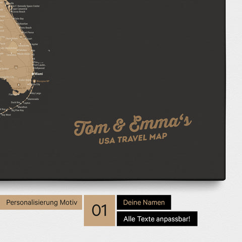USA Amerika Karte mit hohem Detailgrad als Pinnwand Leinwand in Sonar Black mit Personalisierung und Eindruck mit deinem Namen